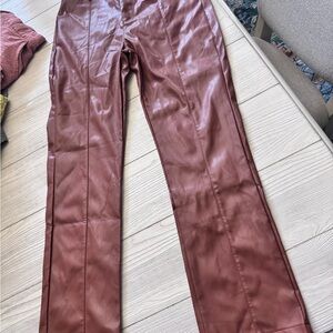 Faux Leather Straight-Leg Pants in Brown
